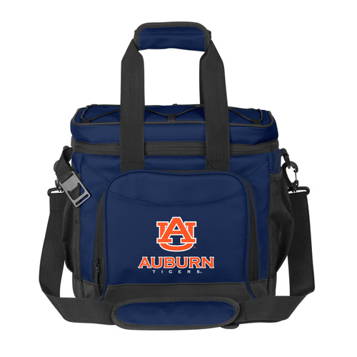 Auburn 24 Can Flex Cooler by Logo Brands with adjustable strap, black and orange design, showing the soft insulated cooler bag.