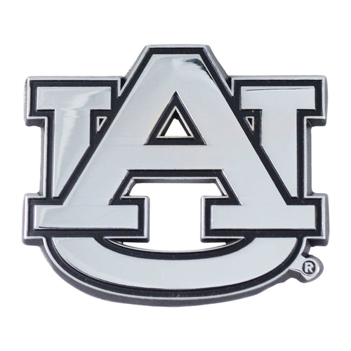 Auburn University chrome emblem by Logo Brands, featuring the university's logo and vibrant orange and blue colors.
