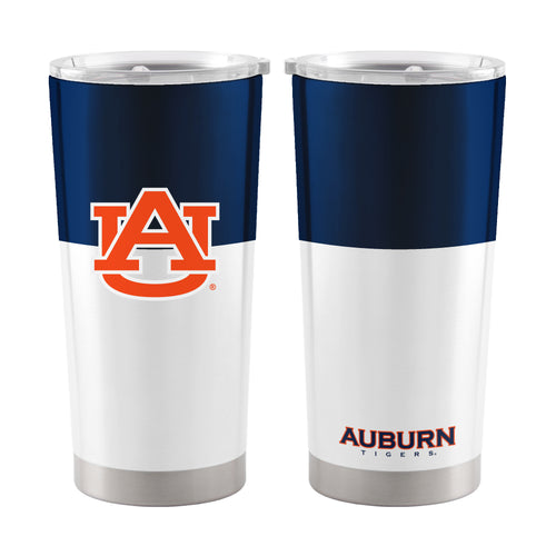 Auburn colorblock 20oz stainless steel tumbler with logo branding, featuring a sleek drinkware design and spill-resistant lid.