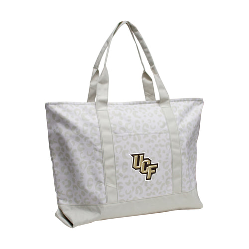 Leopard pattern tote bag from Logo Brands featuring central Florida design, made of durable fabric with sturdy handles.