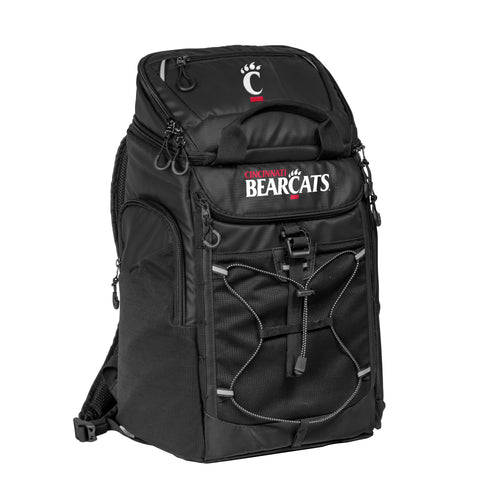 Cincinnati 26 Can Backpack Cooler by Logo Brands showing insulated main compartment and adjustable shoulder straps.