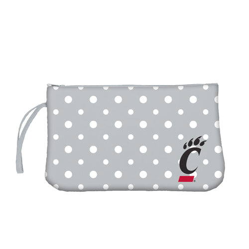 Cincinnati Dot Wristlet bag by Logo Brands featuring a black and red dotted pattern with a wrist strap and zip closure.