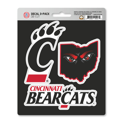 Set of three University of Cincinnati sticker decals by Logo Brands, featuring the school's logo and colors on adhesive decals.