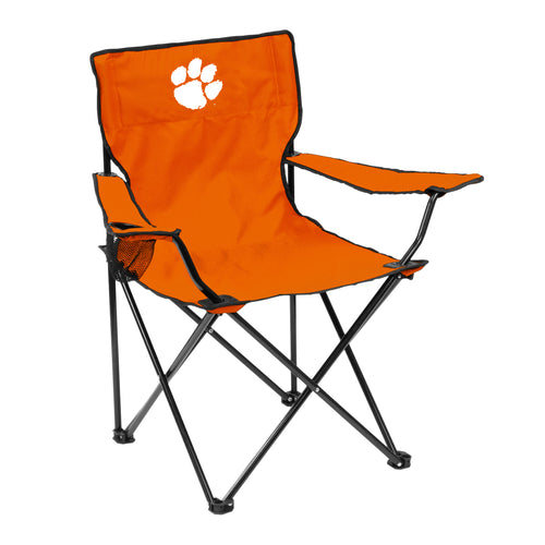Clemson Quad Chair by Logo Brands, portable green and orange outdoor furniture with Clemson logo, foldable for easy seating.