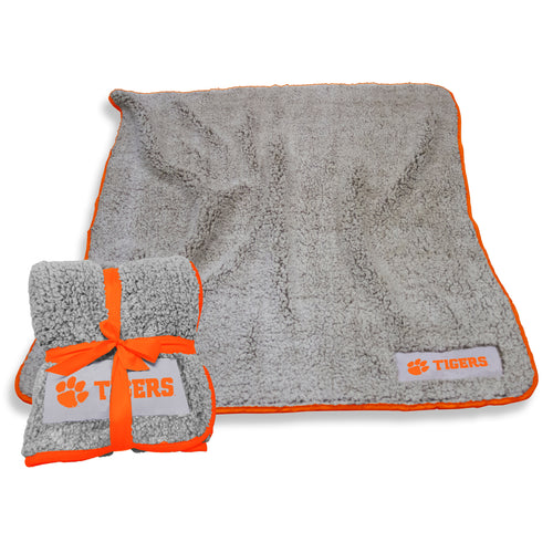 Clemson Palmetto Moon Frosty Fleece blanket by Logo Brands, soft and cozy with Clemson logo and green and orange design.