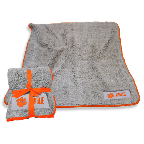 Clemson Personalized Frosty Fleece blanket by Logo Brands, featuring Clemson logo and customizable text on soft, cozy fleece.