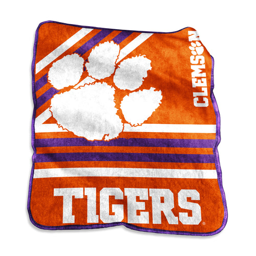 Clemson Raschel throw blanket by Logo Brands featuring Clemson logo and team colors, soft and cozy for sports fans.