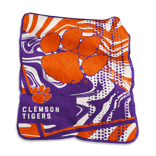 Clemson Swirl Raschel throw blanket by Logo Brands featuring a vibrant orange and purple swirl pattern for cozy comfort.