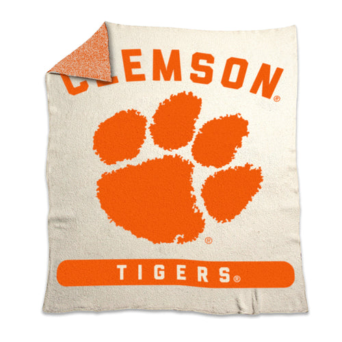 Clemson Prime Luxe Dreams throw blanket by Logo Brands, soft and cozy with Clemson team logo and vibrant maroon and orange colors.