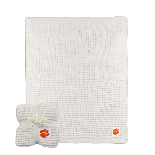 Clemson Cable Knit Throw Blanket by Logo Brands in green and orange, 50x60 inches, cozy and textured for comfortable warmth.
