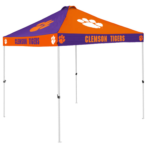 Clemson Checkerboard Canopy shelter by Logo Brands, featuring a vibrant green and orange checkerboard pattern for outdoor events.