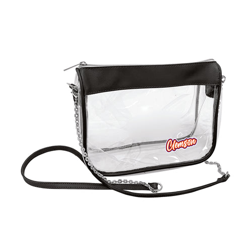 Black Clemson Hype clear bag by Logo Brands, showing transparent design and sturdy handles for sports events and everyday use.