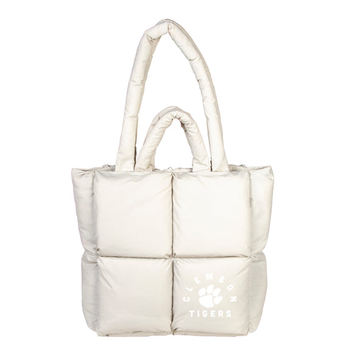 Clemson Puff Tote bag by Logo Brands featuring a vibrant orange and purple Clemson logo on a lightweight tote bag.