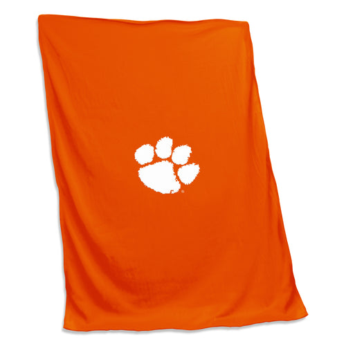 Clemson sweatshirt blanket by Logo Brands featuring a soft fabric with Clemson Tigers logo and orange and purple team colors.