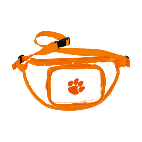 Clemson Clear Fanny Pack by Logo Brands, transparent plastic bag with Clemson logo, adjustable strap, and spacious main compartment.