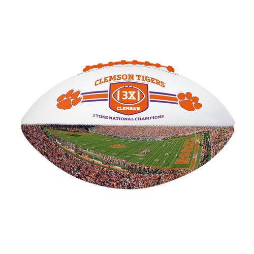 Clemson FS commemorative autograph debossed football by Logo Brands, featuring team logo and signature details.