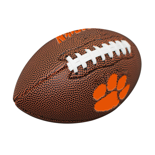 Clemson mini size composite football by Logo Brands, recreation football with orange and purple Clemson team colors.
