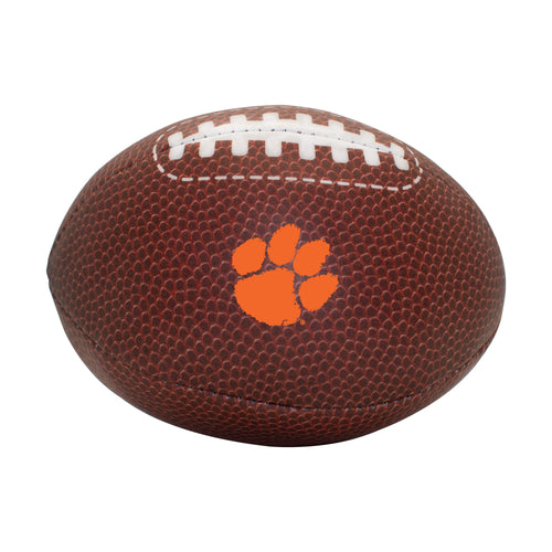 Clemson composite brown micro soft football for recreation by Logo Brands, shown with detailed stitching and logo design.