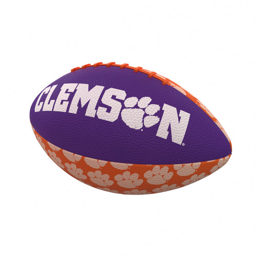 Clemson repeating mini rubber football for recreation, branded by Logo Brands, shown in close-up detail.