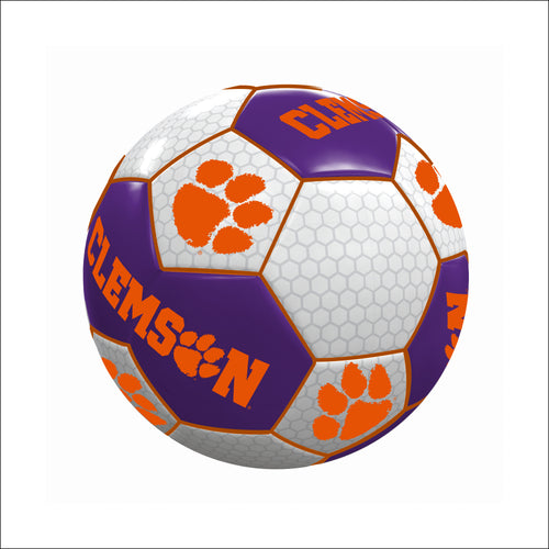 Clemson University recreation soccer ball with orange and purple logo branding on a white surface.
