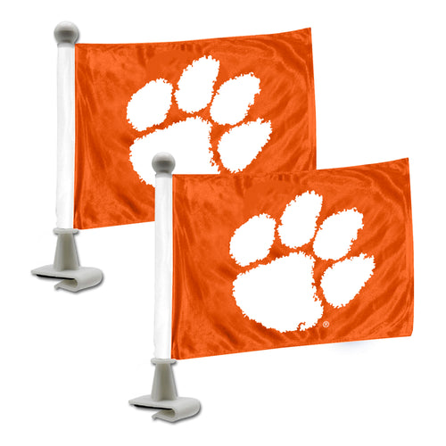 Clemson University ambassador auto flag by Logo Brands featuring the Clemson Tiger mascot and university colors.