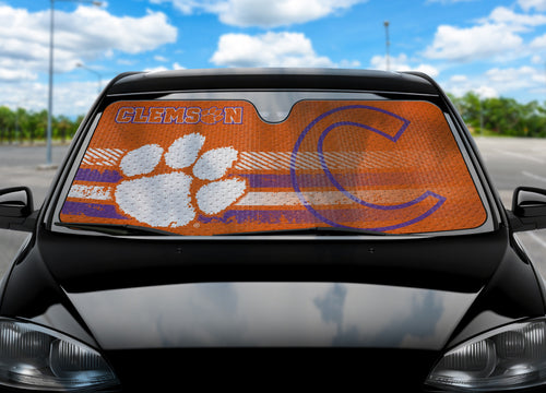 Clemson University auto shade by Logo Brands, featuring team logo and vibrant orange and purple colors for car sun protection.