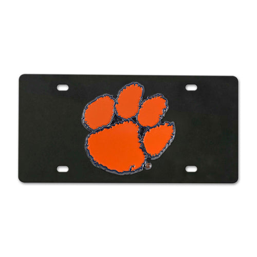 Clemson University black diecast license plate with logo and team name for vehicle decoration or memorabilia.