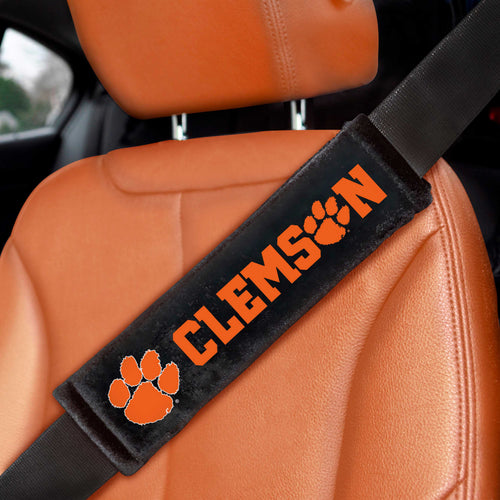 Clemson University embroidered auto seat belt pad pair by Logo Brands, featuring Clemson logo and comfortable padding.