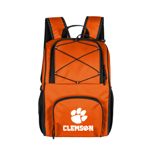 Clemson 24 Can Flex Backpack Cooler by Logo Brands showing insulated cooler with adjustable straps and Clemson team logo.