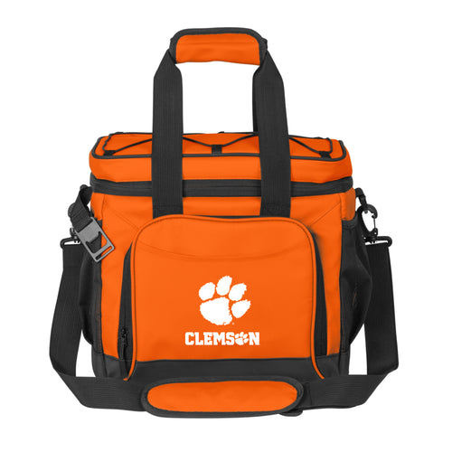 Clemson 24 Can Flex Cooler by Logo Brands showing orange and purple Clemson team colors with handle and zippered lid.