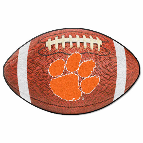 Clemson University football mat by Logo Brands, featuring orange and purple colors with Clemson logo and football design.