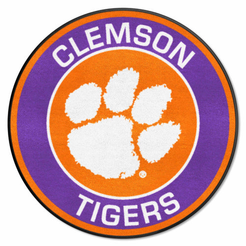 Clemson University roundel mat with orange and purple design, featuring the Clemson logo and team colors, suitable for entryways or floors.