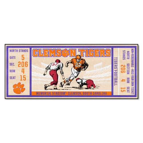 Clemson University Ticket Runner mat by Logo Brands, featuring orange and purple Clemson themed design with university logo.