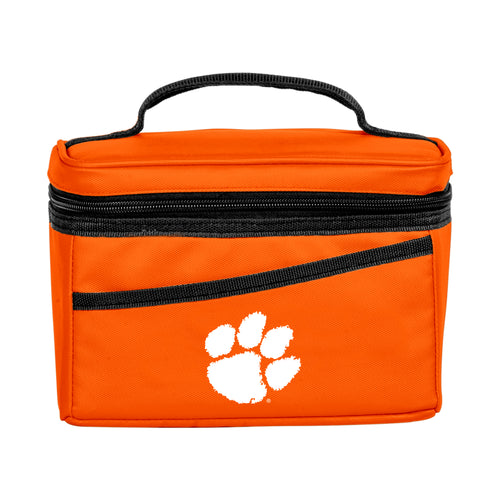 Clemson 6-can flexible cooler by Logo Brands shown with vibrant team logo and adjustable carry strap on a white background