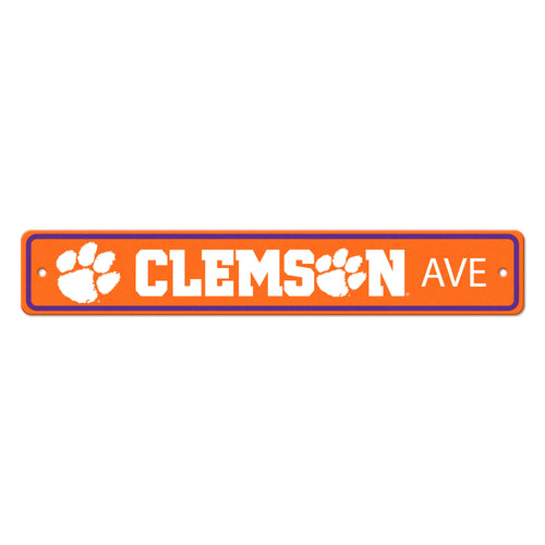 Clemson University street sign for mancave decor by Logo Brands, featuring Clemson Tigers logo and university name.