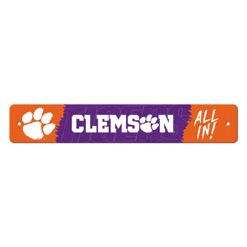 Clemson University Sign Street Flat by Logo Brands, decorative man cave wall decor with Clemson Tigers logo and vibrant colors.