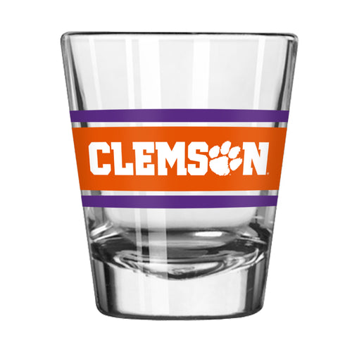 Clemson 2oz striped shot glass from Logo Brands, clear glass drinkware with orange and purple stripes, ideal for shots.