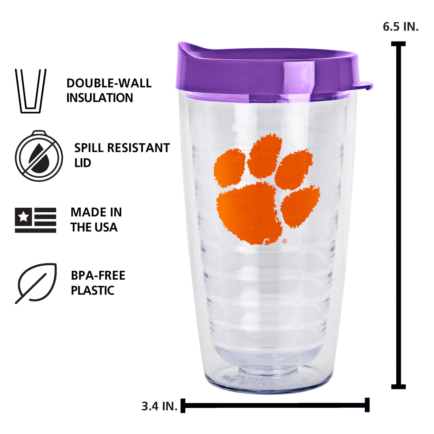 Clemson 16oz Flipside Dbl Wall Clear Tumbler