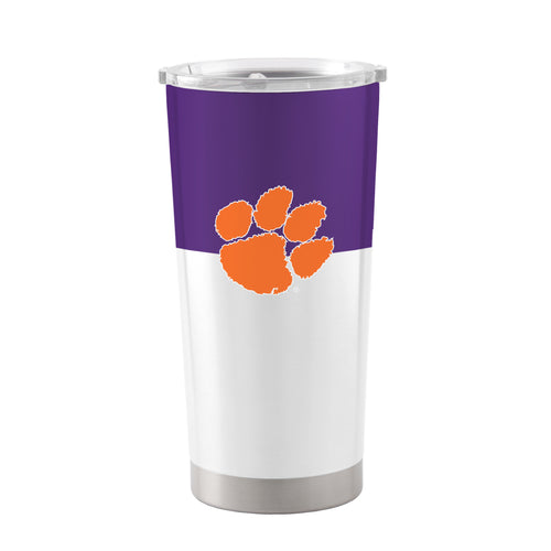 Clemson 20oz colorblock stainless tumbler with logo, insulated drinkware for hot and cold beverages, black and orange design