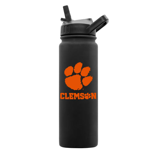 Clemson 24oz black soft touch water bottle from Logo Brands, made of durable drinkware with a matte soft touch finish.