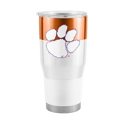 Clemson 30oz Colorblock stainless steel tumbler with logo branding, durable drinkware for hot and cold beverages.