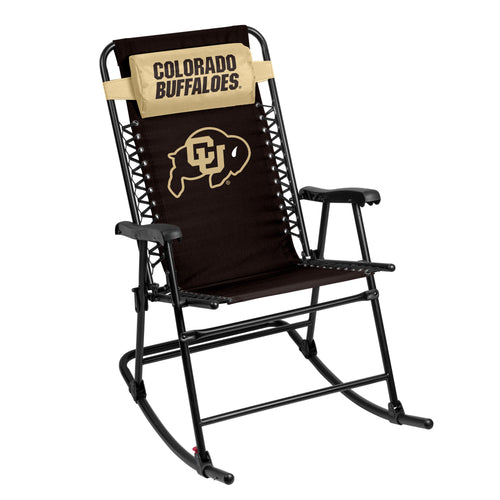 Colorful Colorado Bungee Rocker furniture piece by Logo Brands with a woven fabric seat and wooden armrests.