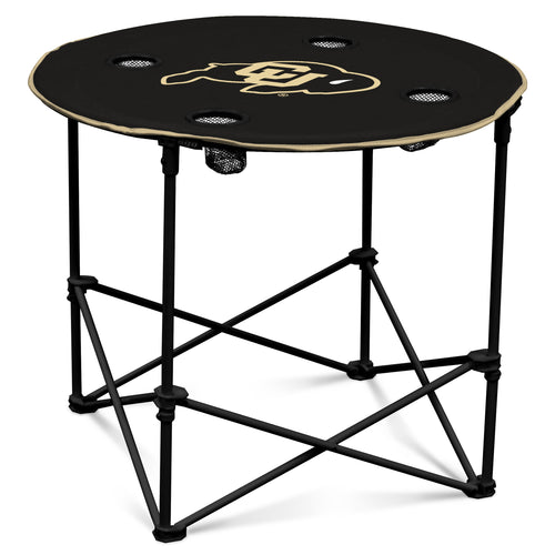 Round Colorado furniture table with wooden top and metal legs, designed for indoor or outdoor use by Logo Brands.