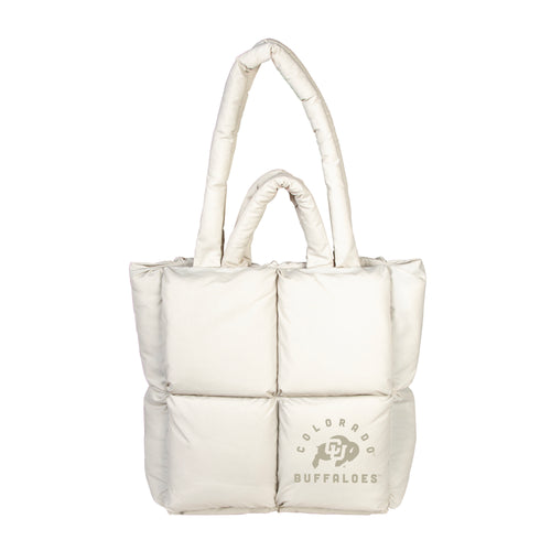 Colorado Sand Puff Tote bag by Logo Brands, stylish beige and white striped fabric with sturdy handles, perfect for casual use.