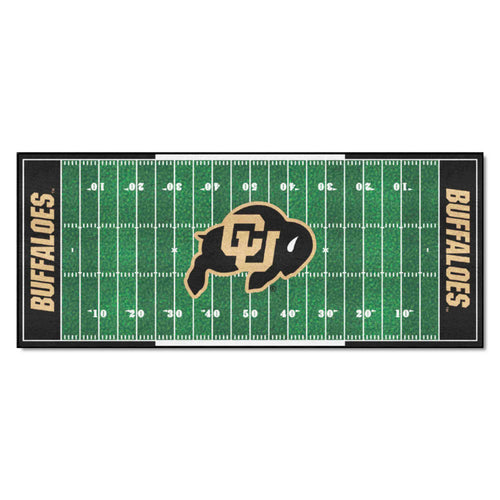 University of Colorado football field runner mat by Logo Brands, featuring vibrant team colors and detailed field design.