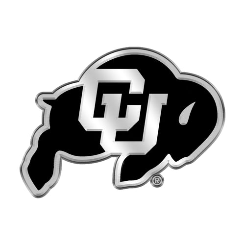 Chrome University of Colorado emblem by Logo Brands displayed on a surface, showcasing a bold Colorado Buffalo logo design.