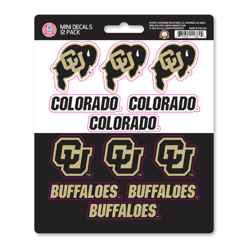 Set of 12 University of Colorado mini decals by Logo Brands, featuring colorful team logos on adhesive stickers