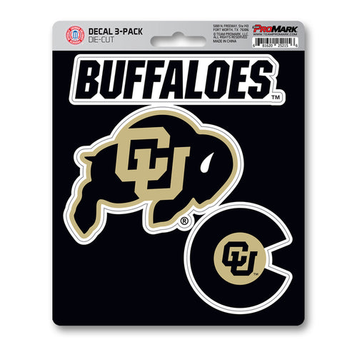 Set of three University of Colorado decals from Logo Brands, featuring bold team logos on clear backing.