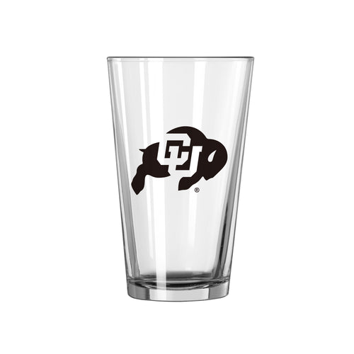 Colorado Gameday 16oz pint glass from Logo Brands, clear drinkware with Colorado team logo and vibrant team colors.