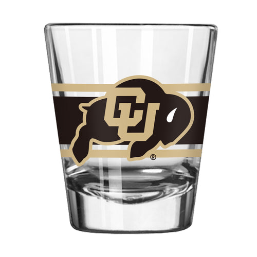 Colorado 2oz stripe shot glass by Logo Brands, clear drinkware with blue and white striped design for shots.